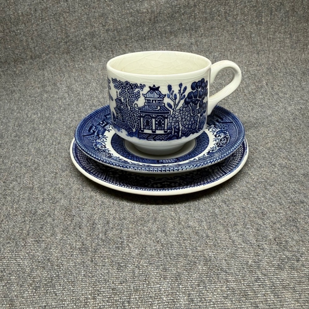 Churchill Blue Willow 3 Piece Set Tea Cup Saucer Plate England Vintage Blue